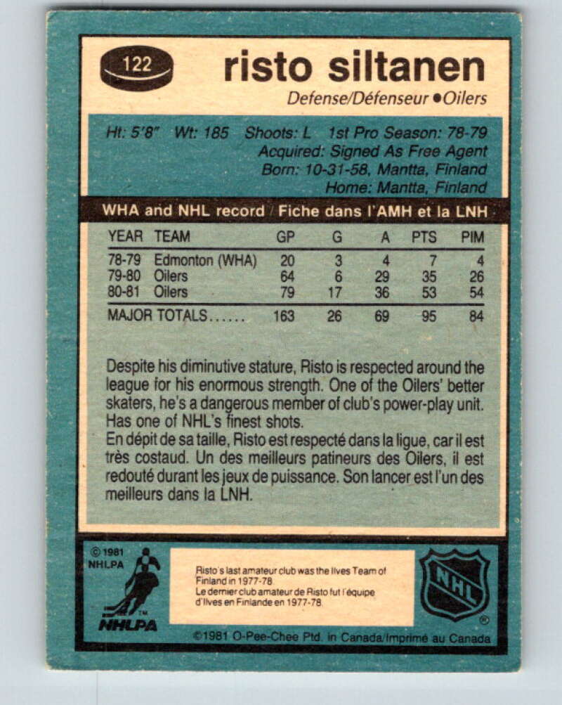 1981-82 O-Pee-Chee #122 Risto Siltanen  Edmonton Oilers  V30302