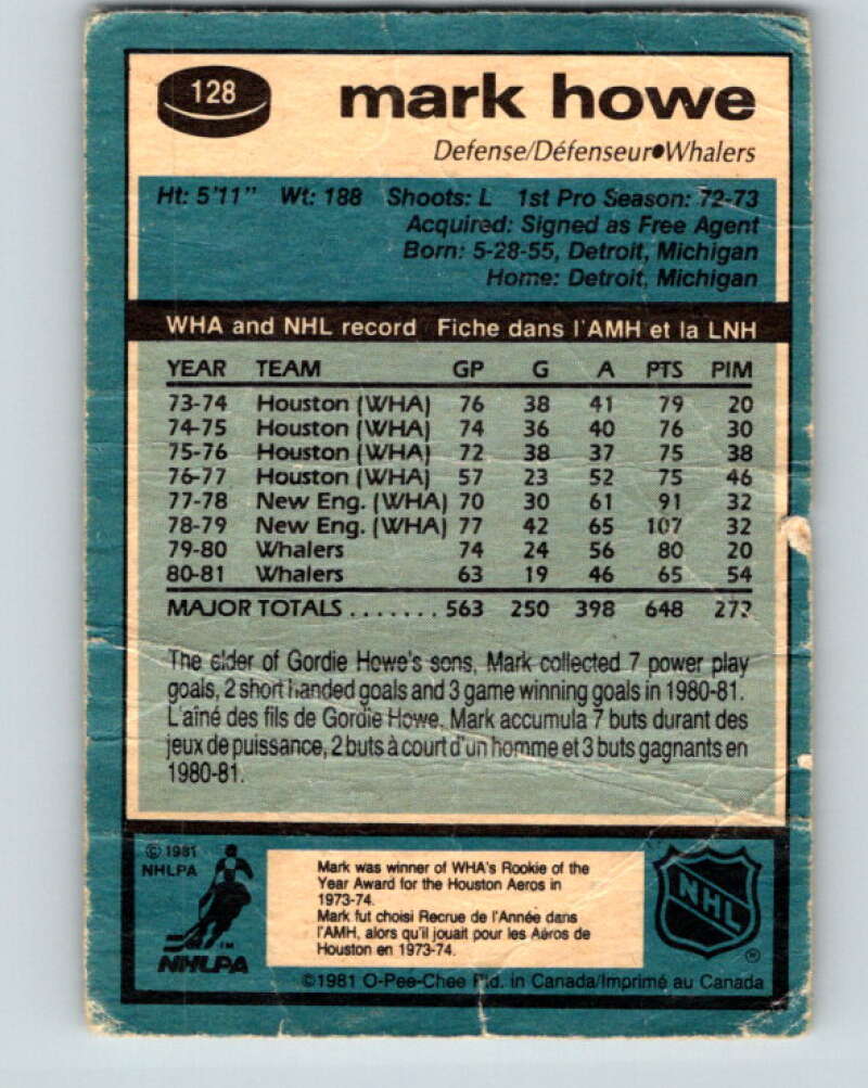 1981-82 O-Pee-Chee #128 Mark Howe  Hartford Whalers  V30335