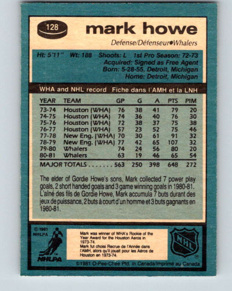 1981-82 O-Pee-Chee #128 Mark Howe  Hartford Whalers  V30337