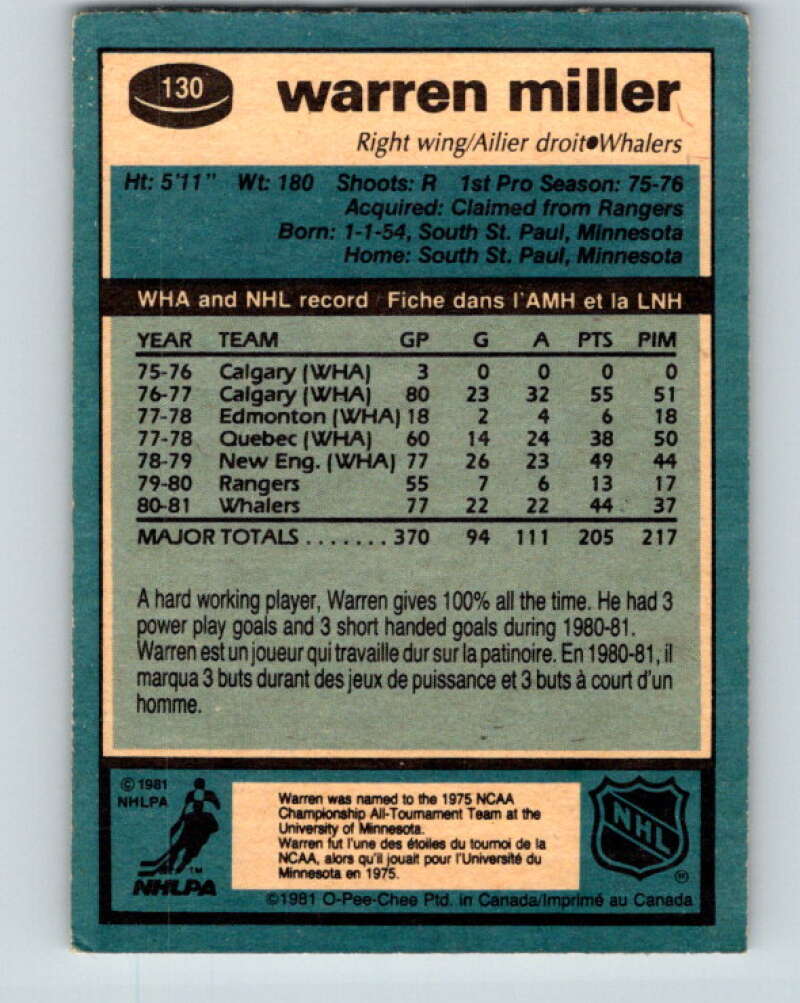 1981-82 O-Pee-Chee #130 Warren Miller  RC Rookie Hartford Whalers  V30353