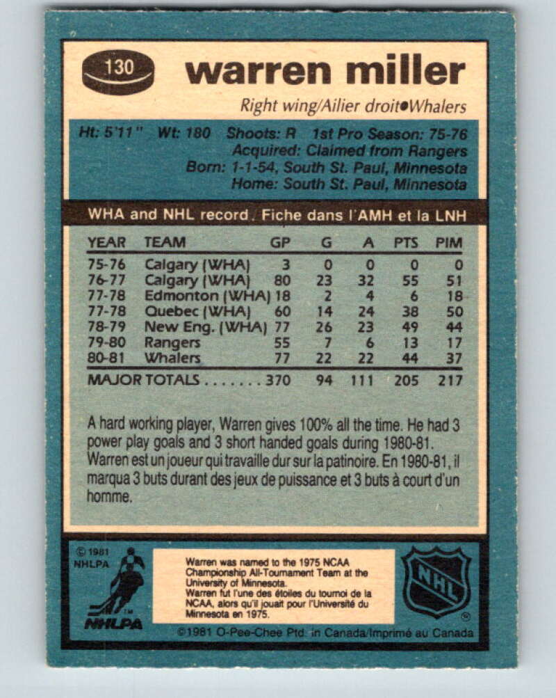 1981-82 O-Pee-Chee #130 Warren Miller  RC Rookie Hartford Whalers  V30364