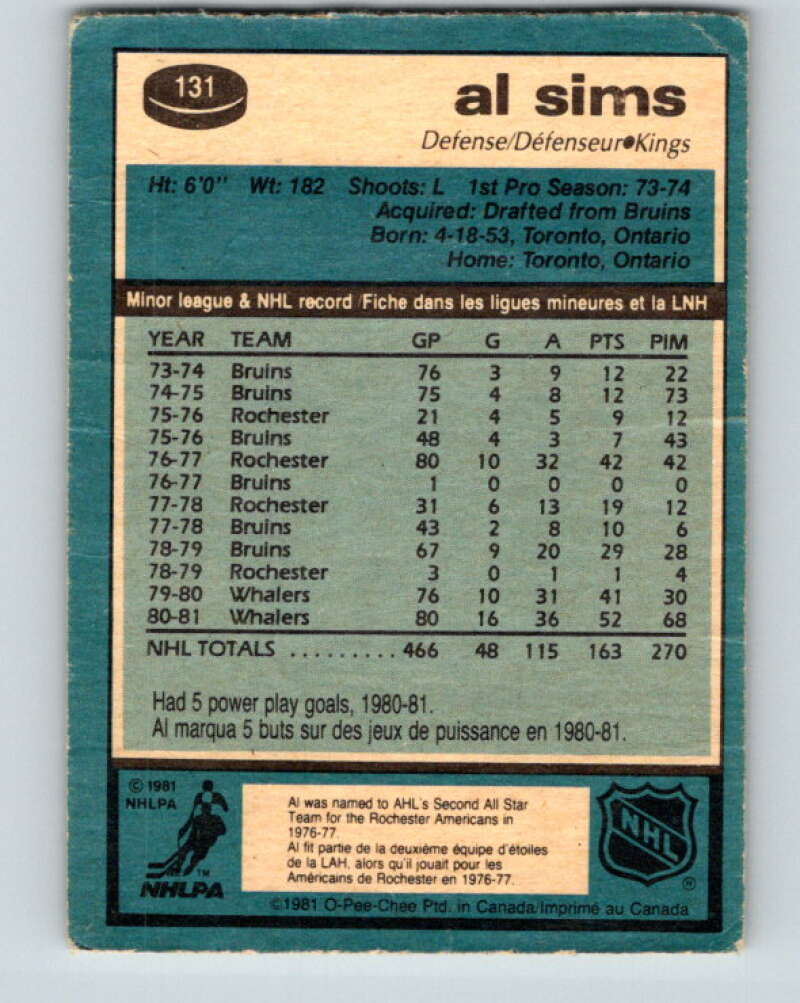 1981-82 O-Pee-Chee #131 Al Sims  Los Angeles Kings  V30370