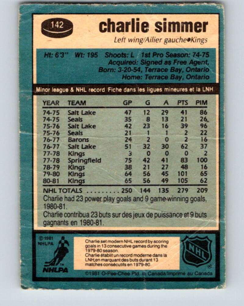 1981-82 O-Pee-Chee #142 Charlie Simmer  Los Angeles Kings  V30449