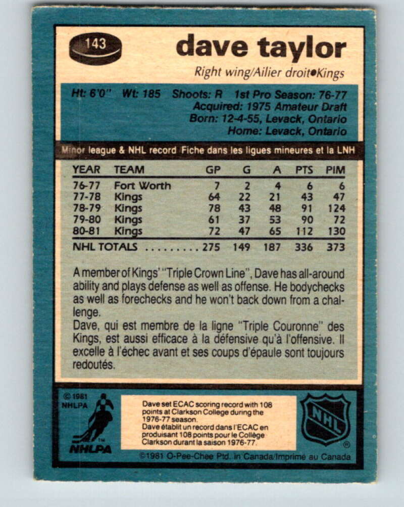 1981-82 O-Pee-Chee #143 Dave Taylor  Los Angeles Kings  V30463