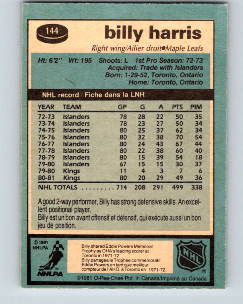 1981-82 O-Pee-Chee #144 Billy Harris  Toronto Maple Leafs  V30467