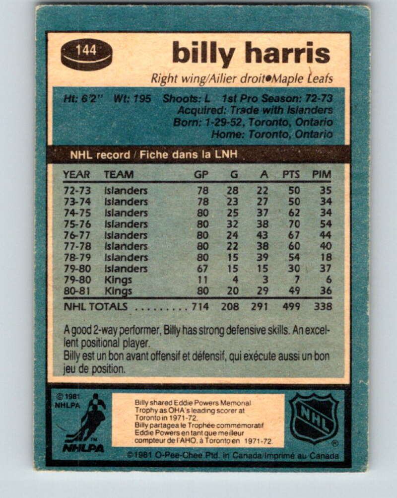 1981-82 O-Pee-Chee #144 Billy Harris  Toronto Maple Leafs  V30469