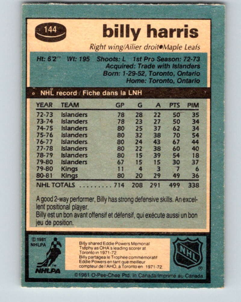 1981-82 O-Pee-Chee #144 Billy Harris  Toronto Maple Leafs  V30471