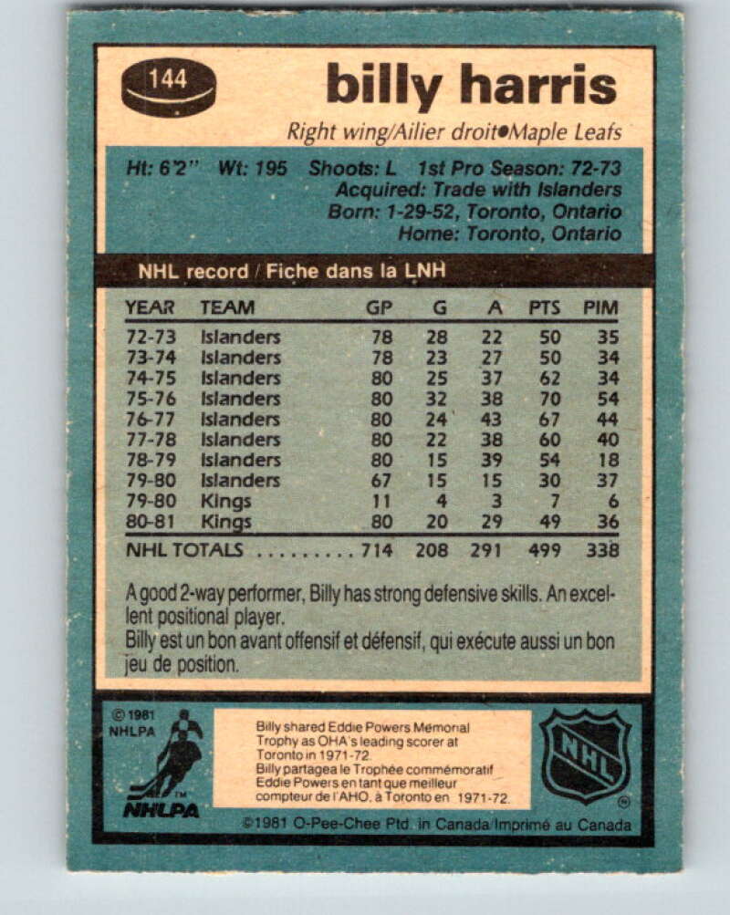 1981-82 O-Pee-Chee #144 Billy Harris  Toronto Maple Leafs  V30473