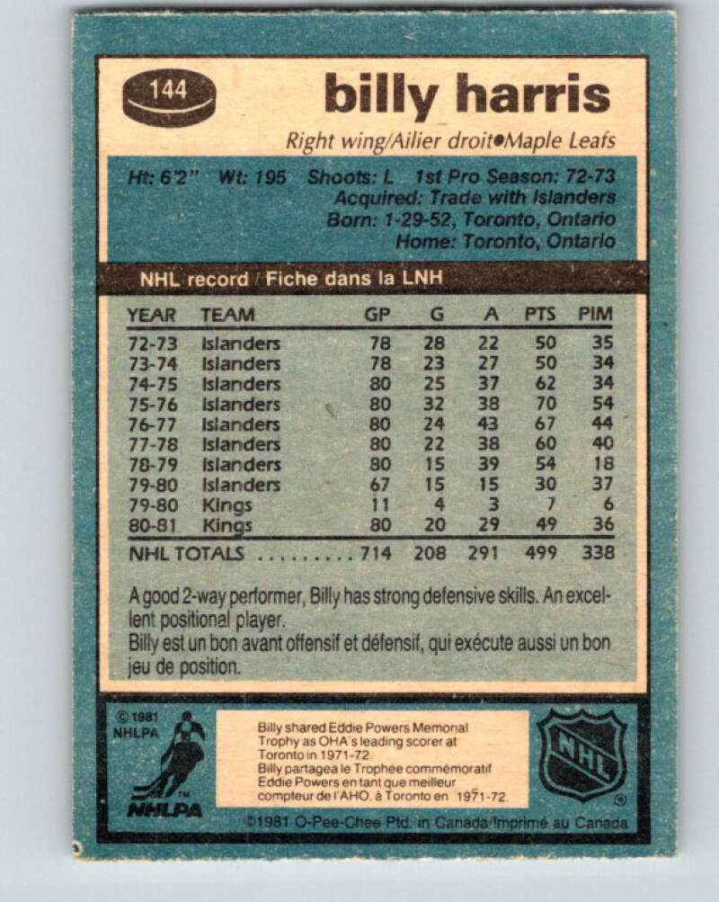 1981-82 O-Pee-Chee #144 Billy Harris  Toronto Maple Leafs  V30475