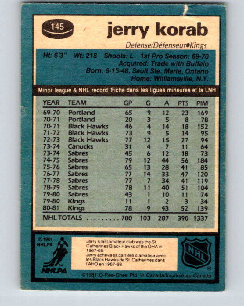 1981-82 O-Pee-Chee #145 Jerry Korab  Los Angeles Kings  V30476