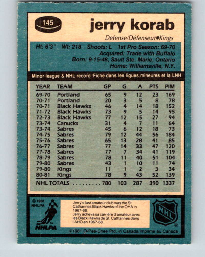 1981-82 O-Pee-Chee #145 Jerry Korab  Los Angeles Kings  V30477