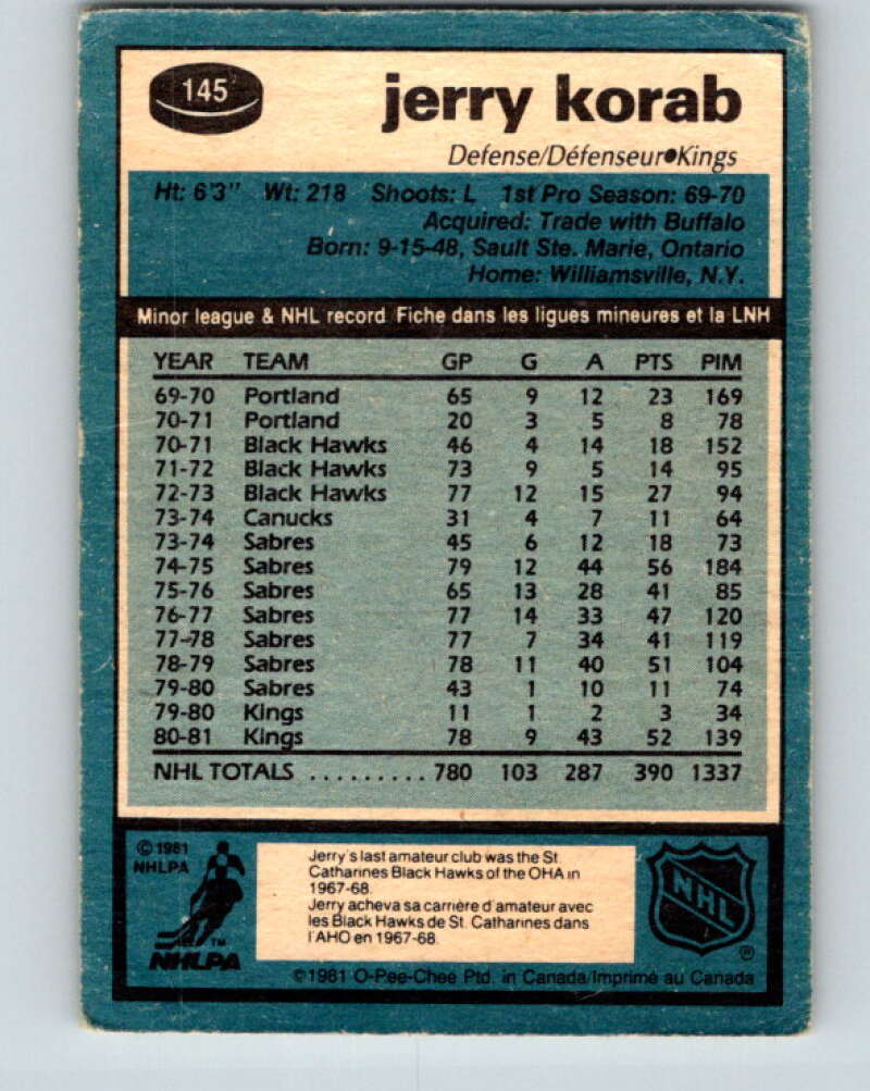 1981-82 O-Pee-Chee #145 Jerry Korab  Los Angeles Kings  V30478