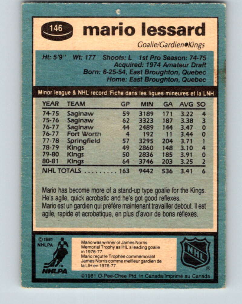 1981-82 O-Pee-Chee #146 Mario Lessard  Los Angeles Kings  V30482