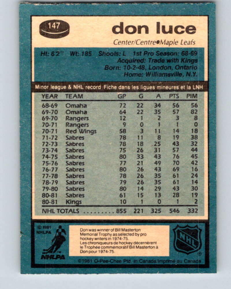 1981-82 O-Pee-Chee #147 Don Luce  Toronto Maple Leafs  V30491