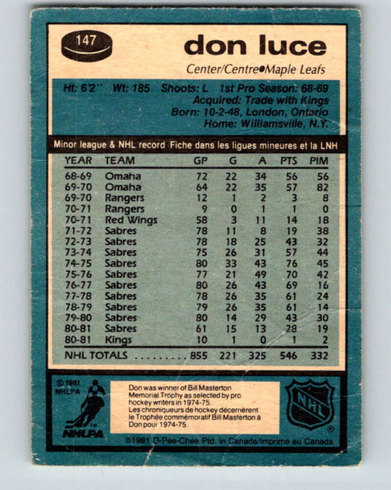 1981-82 O-Pee-Chee #147 Don Luce  Toronto Maple Leafs  V30495