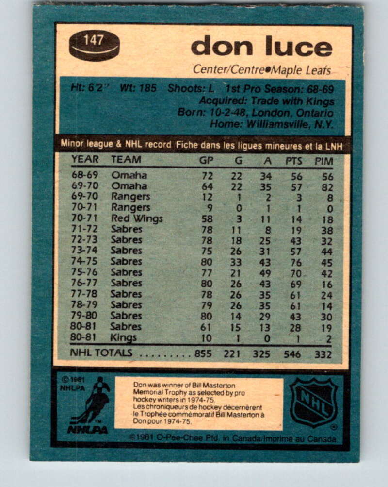 1981-82 O-Pee-Chee #147 Don Luce  Toronto Maple Leafs  V30496