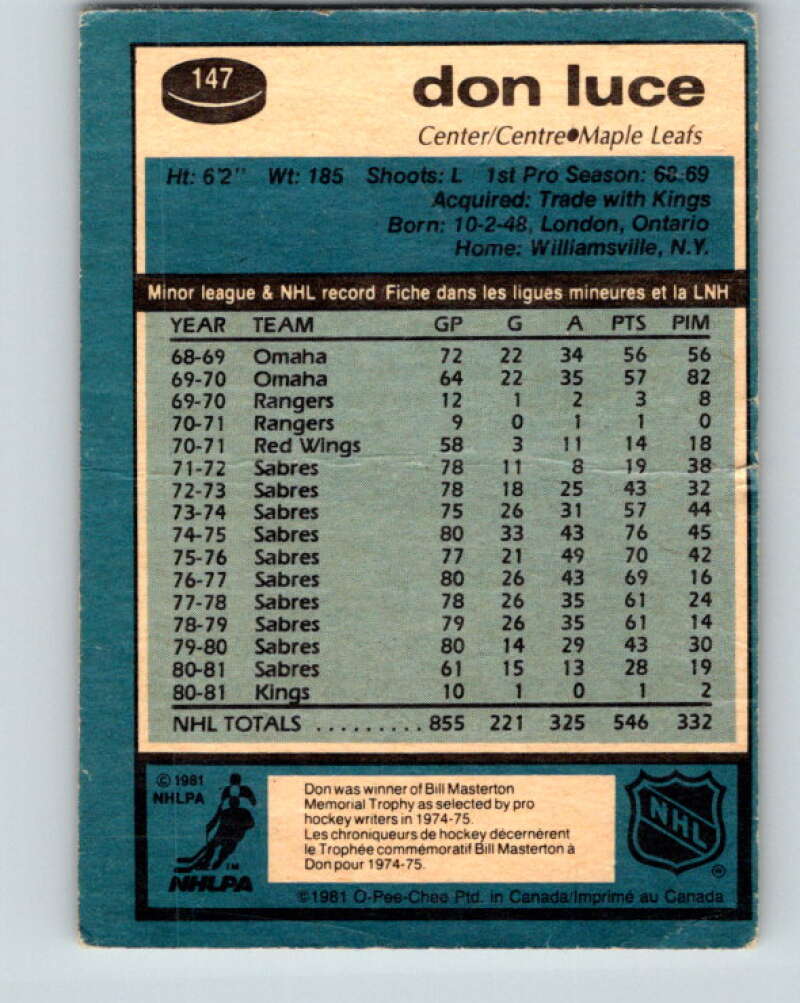 1981-82 O-Pee-Chee #147 Don Luce  Toronto Maple Leafs  V30497