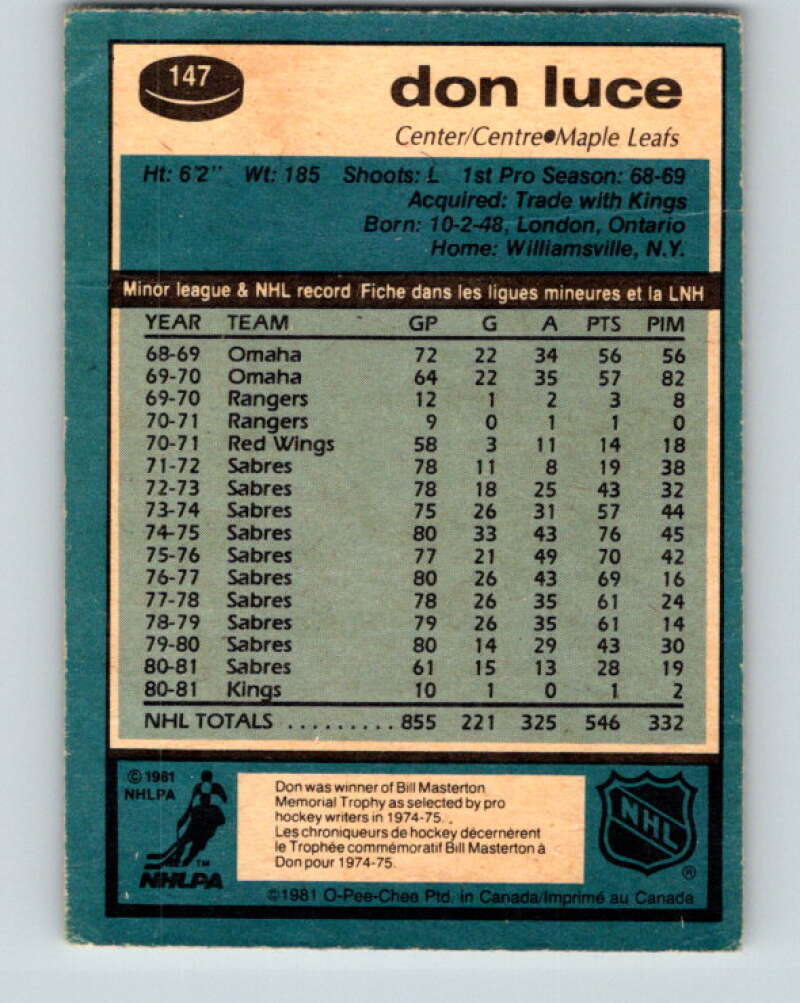 1981-82 O-Pee-Chee #147 Don Luce  Toronto Maple Leafs  V30498