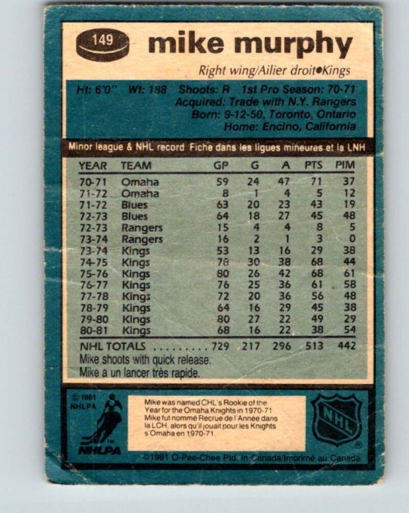 1981-82 O-Pee-Chee #149 Mike Murphy  Los Angeles Kings  V30506