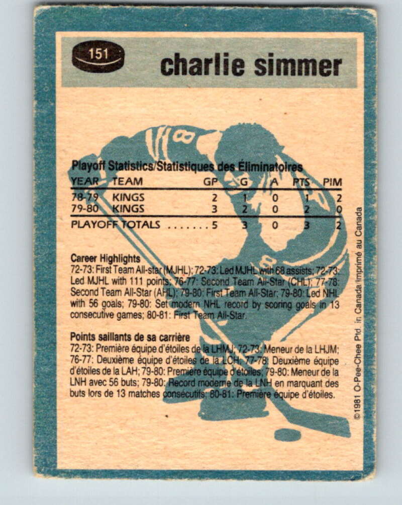 1981-82 O-Pee-Chee #151 Charlie Simmer  Los Angeles Kings  V30525