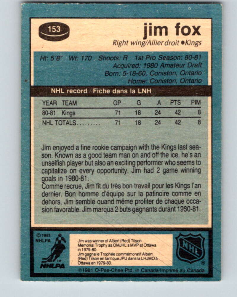 1981-82 O-Pee-Chee #153 Jim Fox  RC Rookie Los Angeles Kings  V30536