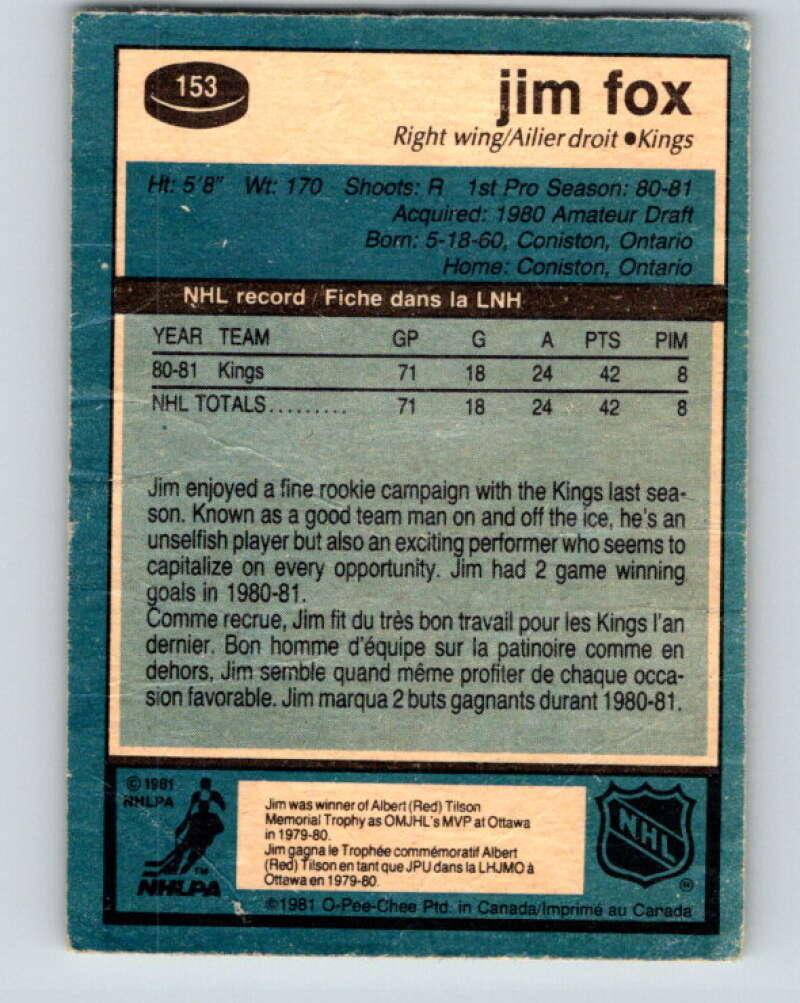 1981-82 O-Pee-Chee #153 Jim Fox  RC Rookie Los Angeles Kings  V30543