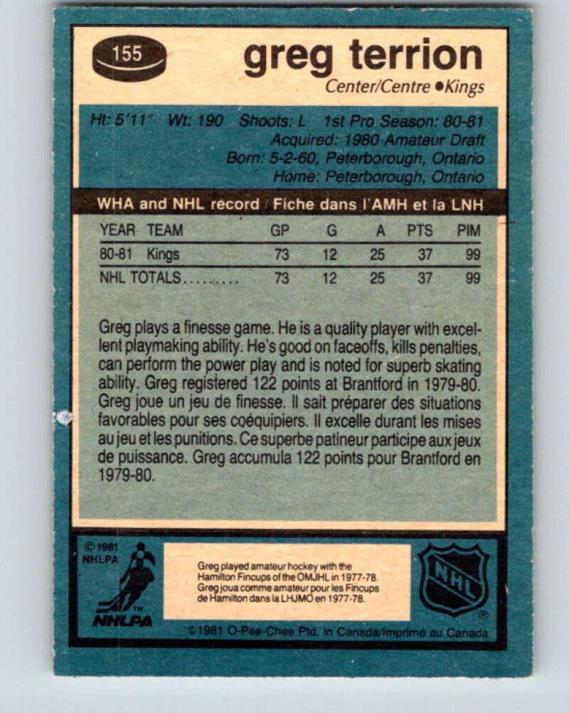 1981-82 O-Pee-Chee #155 Greg Terrion  RC Rookie Los Angeles Kings  V30552