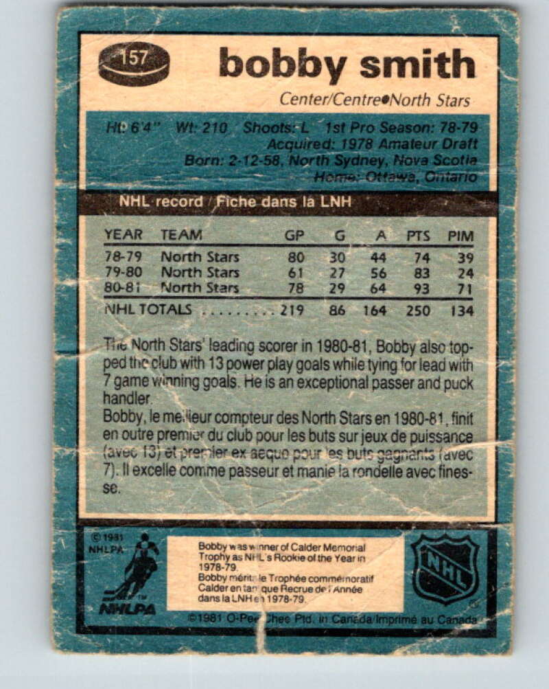 1981-82 O-Pee-Chee #157 Bobby Smith  Minnesota North Stars  V30569