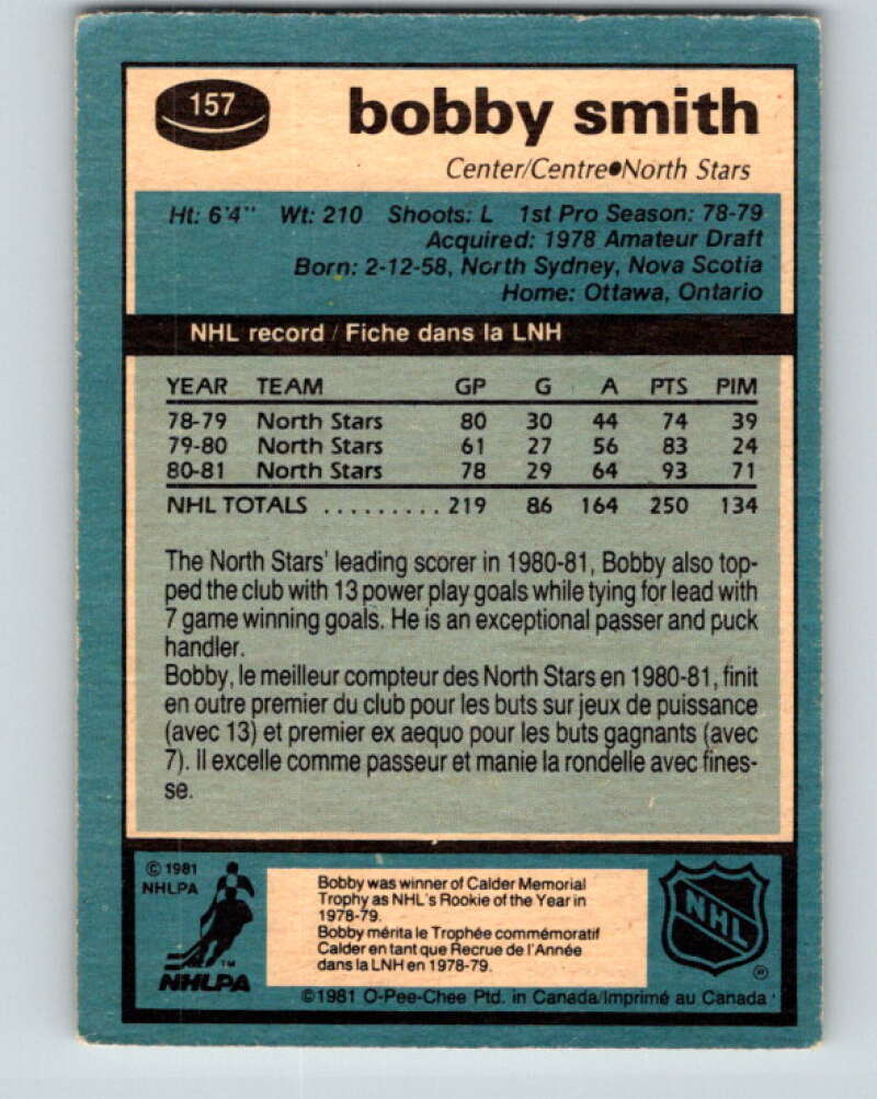 1981-82 O-Pee-Chee #157 Bobby Smith  Minnesota North Stars  V30571