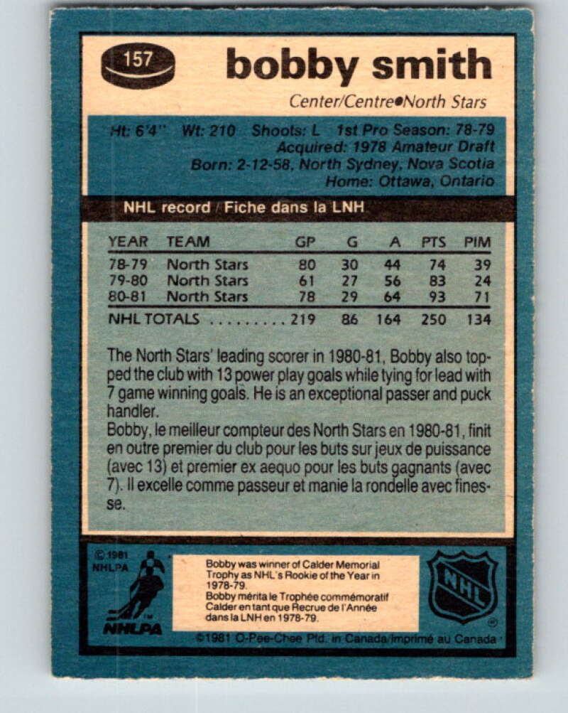 1981-82 O-Pee-Chee #157 Bobby Smith  Minnesota North Stars  V30572