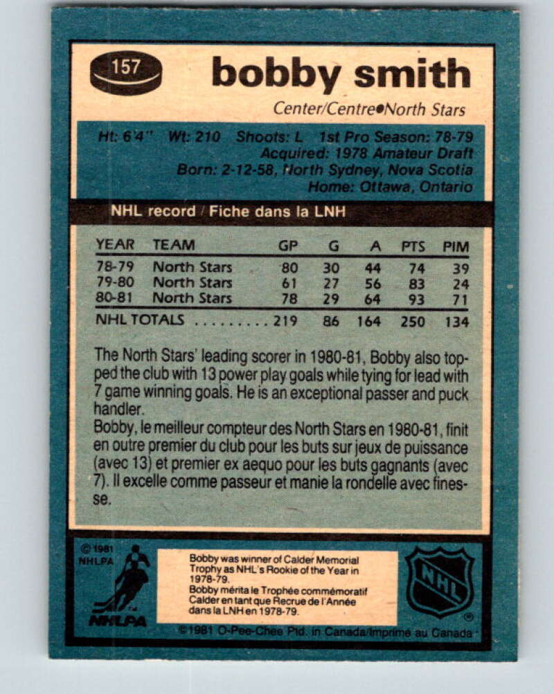 1981-82 O-Pee-Chee #157 Bobby Smith  Minnesota North Stars  V30573