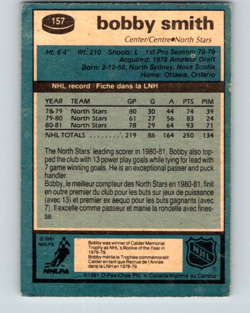 1981-82 O-Pee-Chee #157 Bobby Smith  Minnesota North Stars  V30574