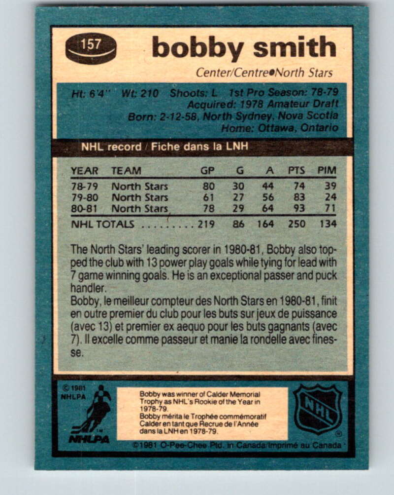 1981-82 O-Pee-Chee #157 Bobby Smith  Minnesota North Stars  V30575