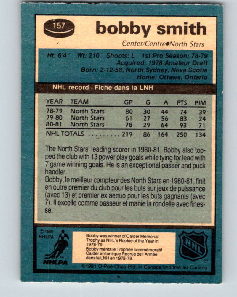 1981-82 O-Pee-Chee #157 Bobby Smith  Minnesota North Stars  V30576