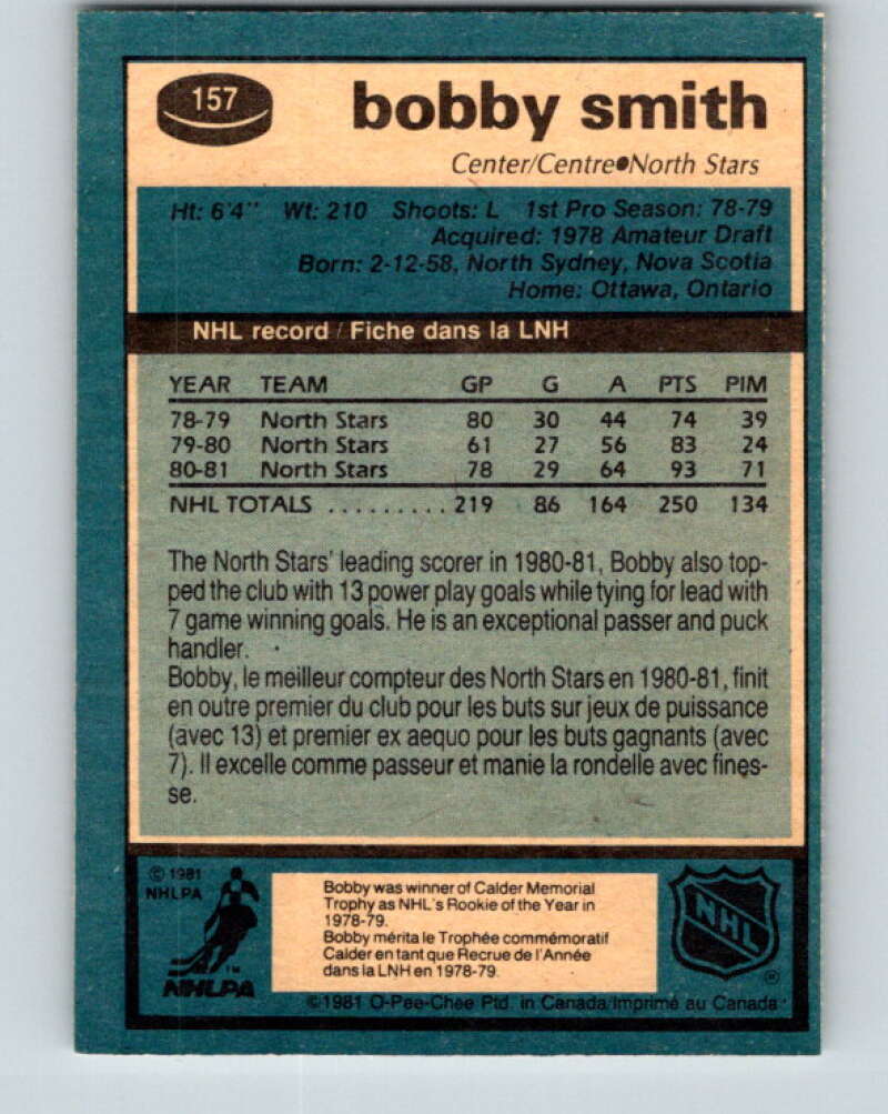 1981-82 O-Pee-Chee #157 Bobby Smith  Minnesota North Stars  V30577