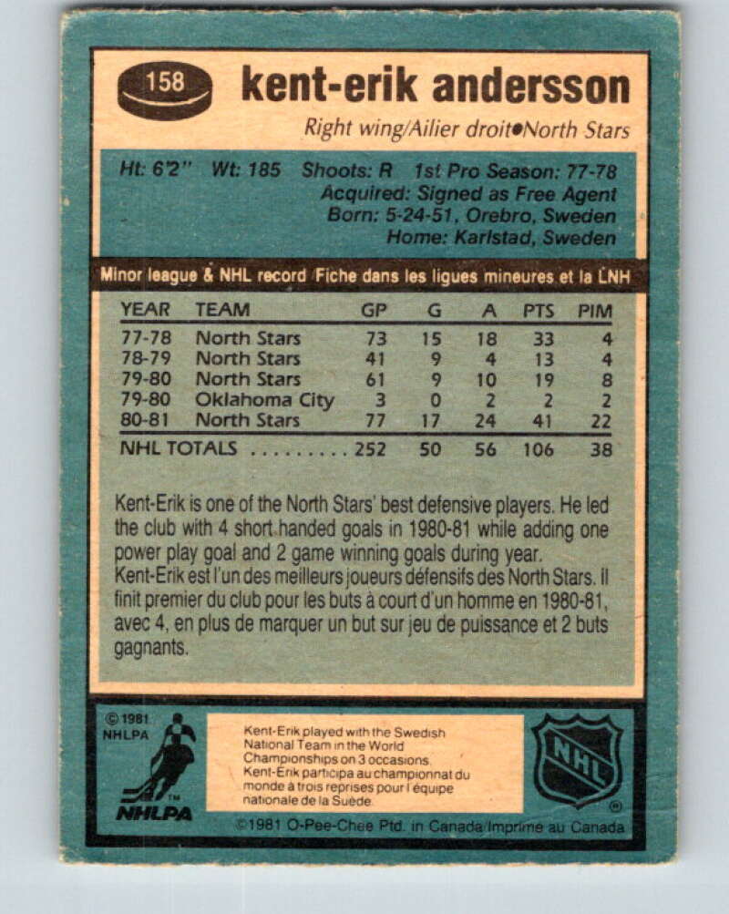 1981-82 O-Pee-Chee #158 Kent-Erik Andersson  Minnesota North Stars  V30579