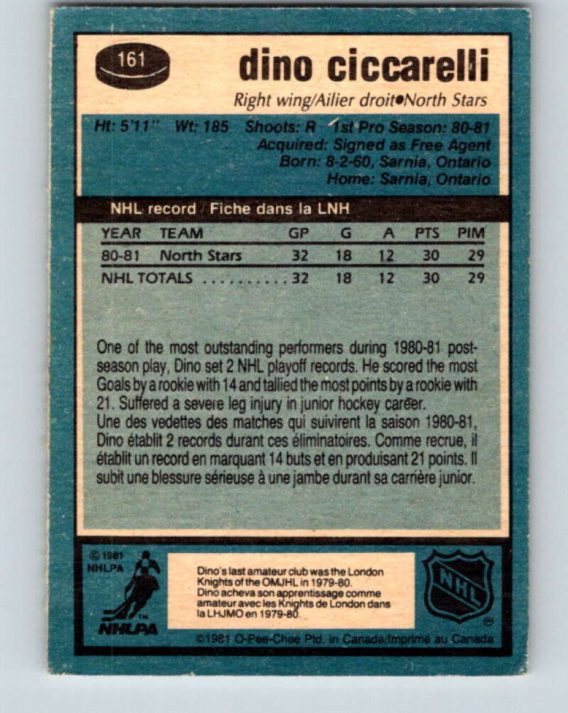 1981-82 O-Pee-Chee #161 Dino Ciccarelli RC Rookie North Stars  V30591