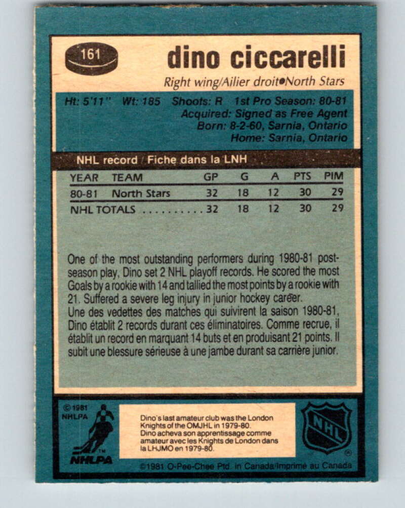 1981-82 O-Pee-Chee #161 Dino Ciccarelli RC Rookie North Stars  V30592