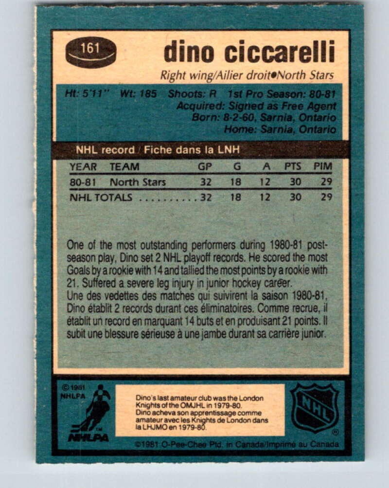 1981-82 O-Pee-Chee #161 Dino Ciccarelli RC Rookie North Stars  V30593