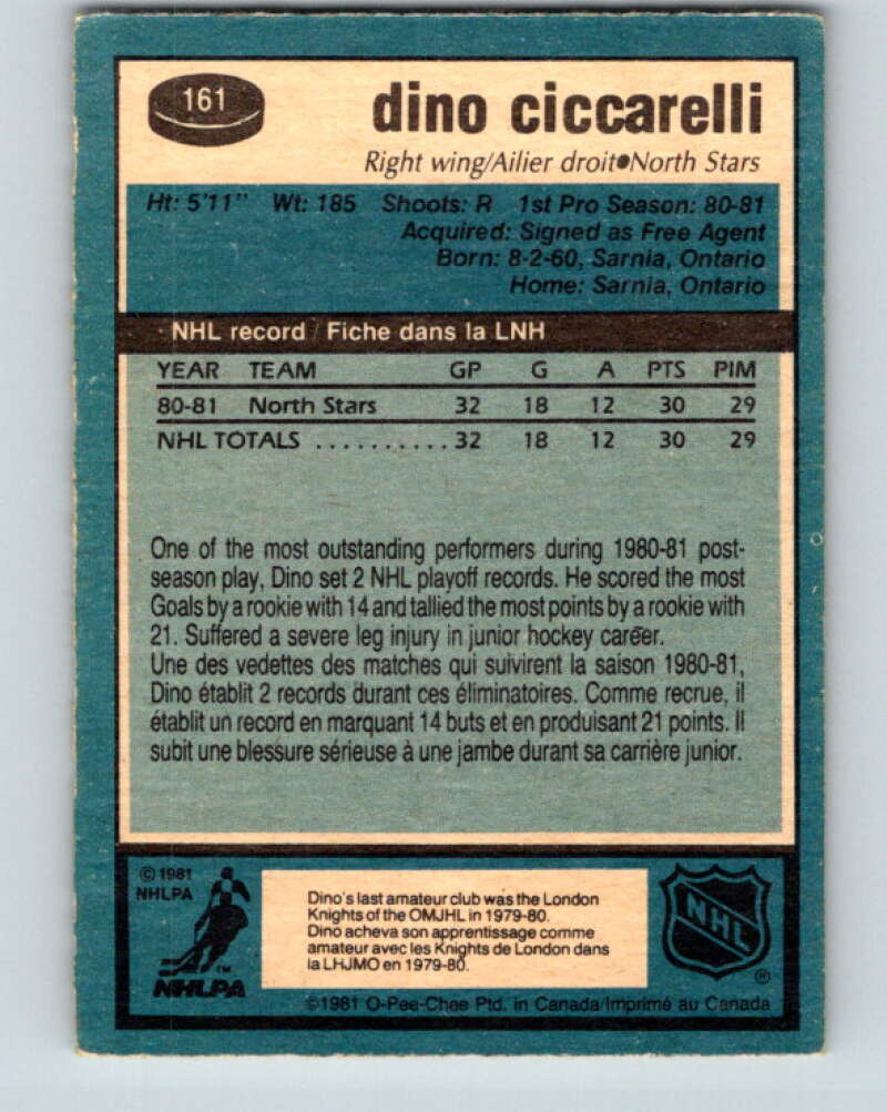 1981-82 O-Pee-Chee #161 Dino Ciccarelli RC Rookie North Stars  V30594