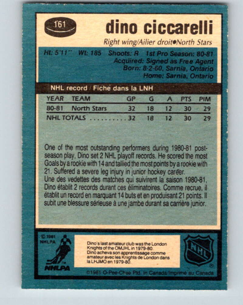 1981-82 O-Pee-Chee #161 Dino Ciccarelli RC Rookie North Stars  V30595