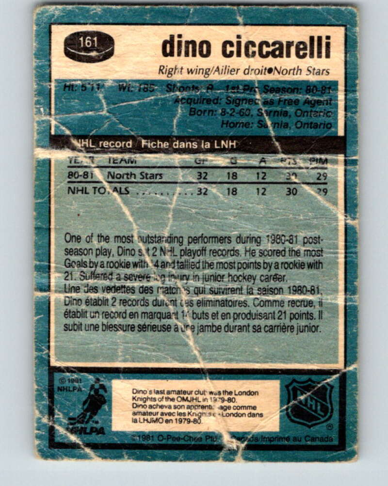 1981-82 O-Pee-Chee #161 Dino Ciccarelli RC Rookie North Stars  V30596