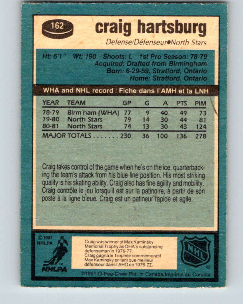 1981-82 O-Pee-Chee #162 Craig Hartsburg  Minnesota North Stars  V30599