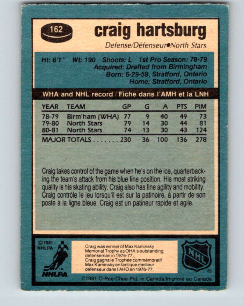 1981-82 O-Pee-Chee #162 Craig Hartsburg  Minnesota North Stars  V30601