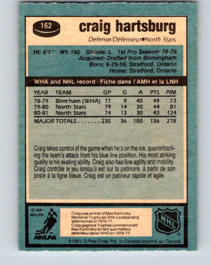 1981-82 O-Pee-Chee #162 Craig Hartsburg  Minnesota North Stars  V30604