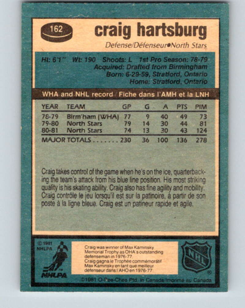 1981-82 O-Pee-Chee #162 Craig Hartsburg  Minnesota North Stars  V30606