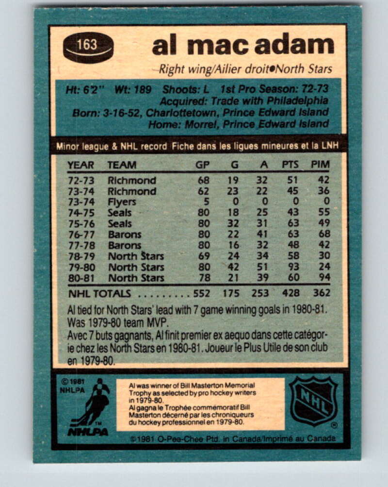 1981-82 O-Pee-Chee #163 Al MacAdam  Minnesota North Stars  V30608