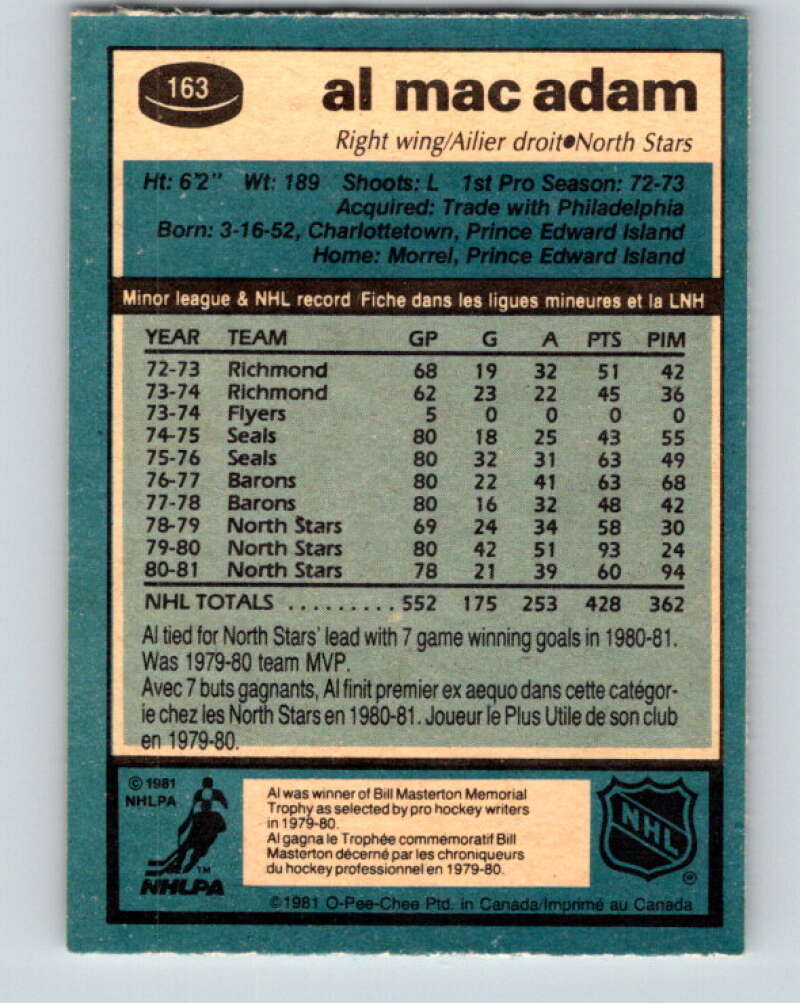 1981-82 O-Pee-Chee #163 Al MacAdam  Minnesota North Stars  V30616