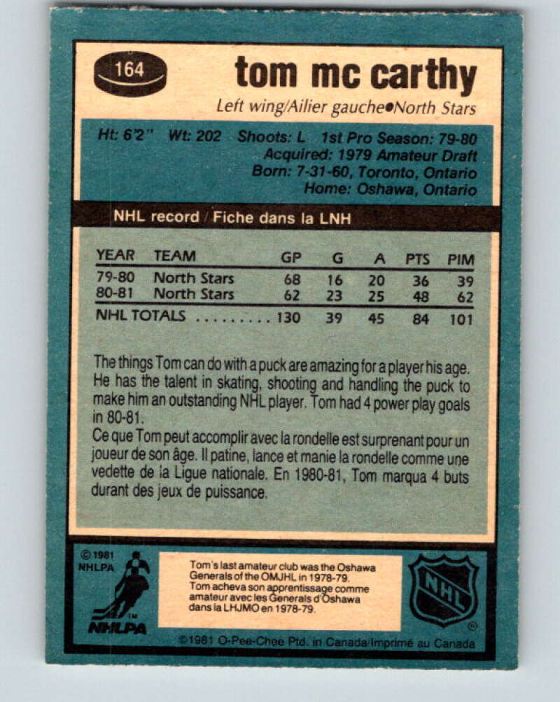 1981-82 O-Pee-Chee #164 Tom McCarthy  Minnesota North Stars  V30621