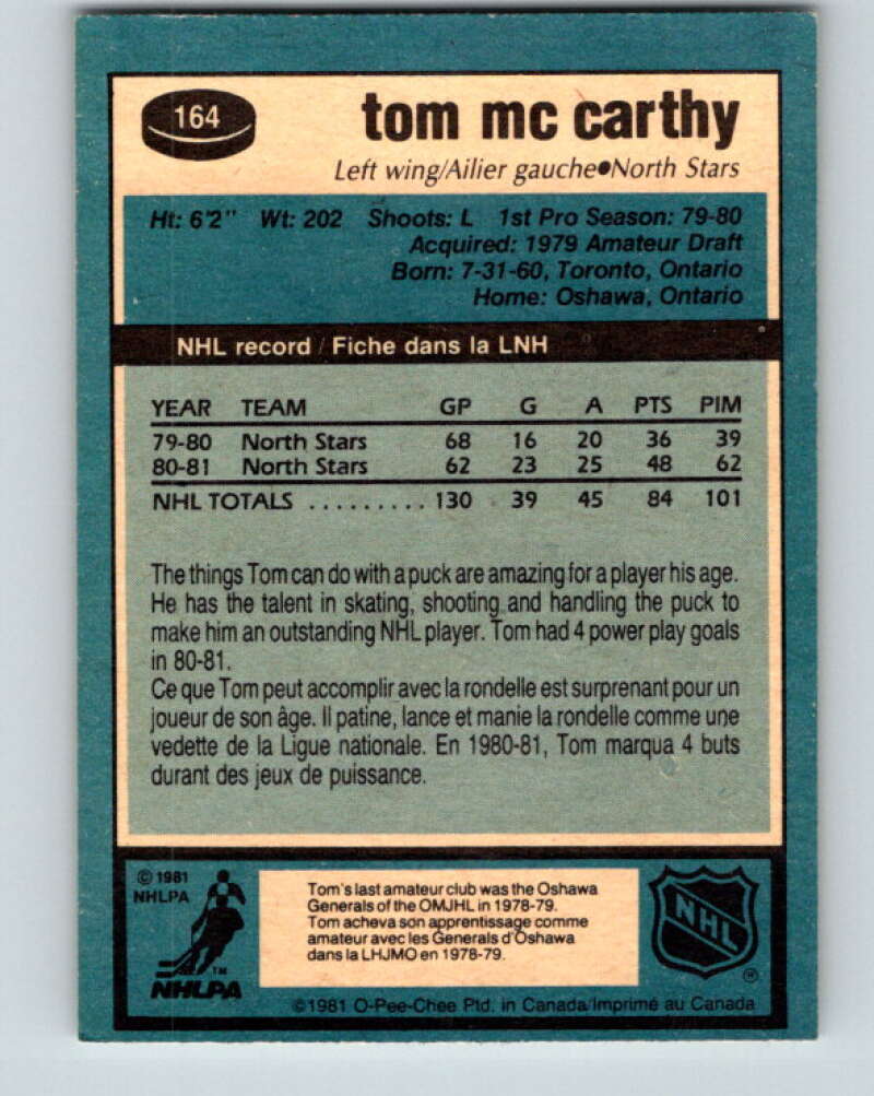 1981-82 O-Pee-Chee #164 Tom McCarthy  Minnesota North Stars  V30625